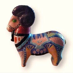 Vintage Ram Figurine Ceramic Ornate Etched Pastel Farm Animal Statue Retro